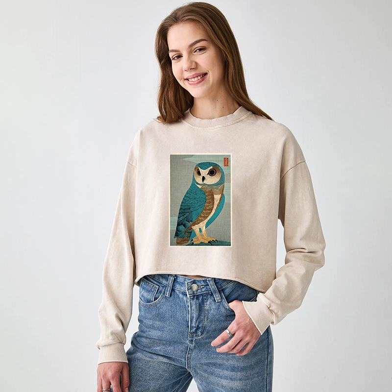 Tokyo-Tiger Vintage Owl Woodblock Art Washed Crop Sweatshirt