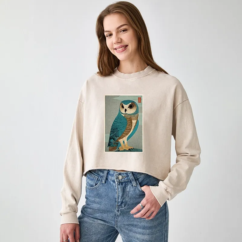 Tokyo-Tiger Vintage Owl Woodblock Art Washed Crop Sweatshirt