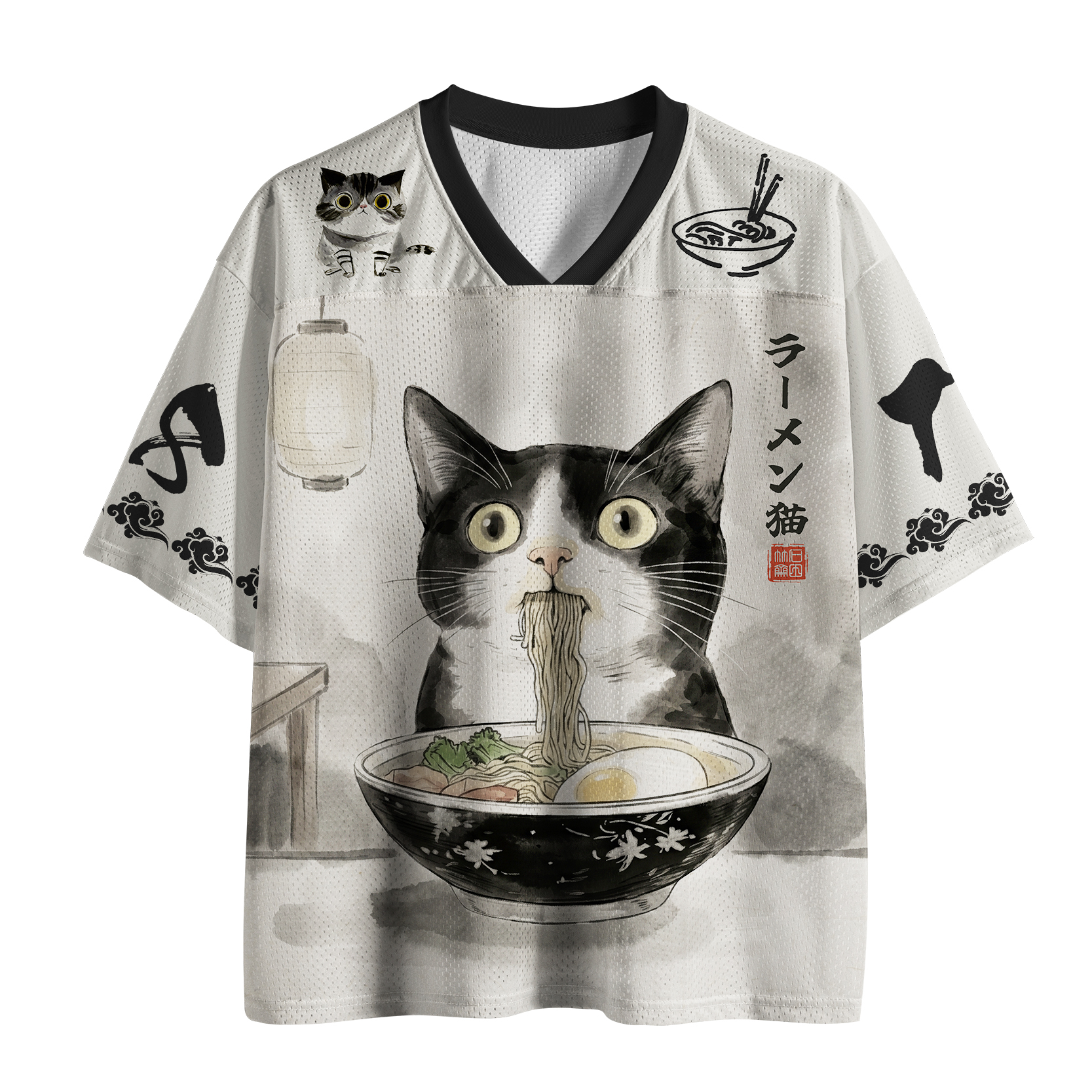 Tokyo-Tiger Cute Cat Eating Japan Ramen Mesh Jersey