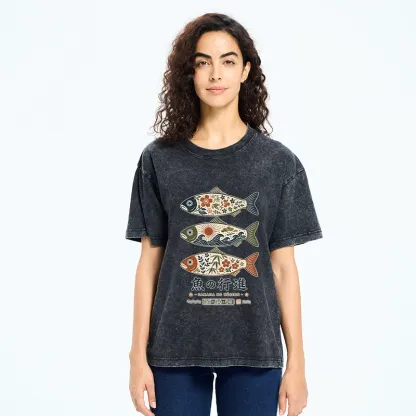 Tokyo-Tiger Sakura Waves Decorate Three Fish Washed T-Shirt