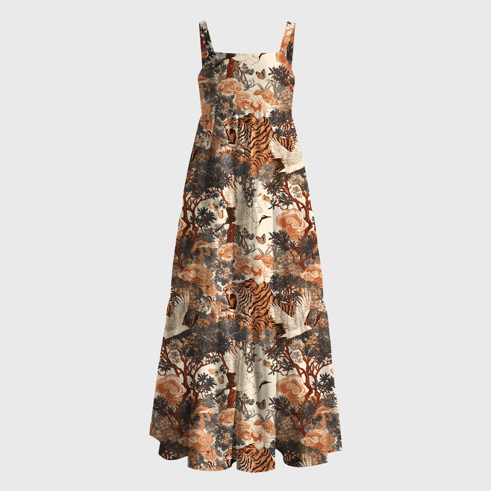 Tokyo-Tiger Oriental Majesty: Tiger & Crane Maxi Dress