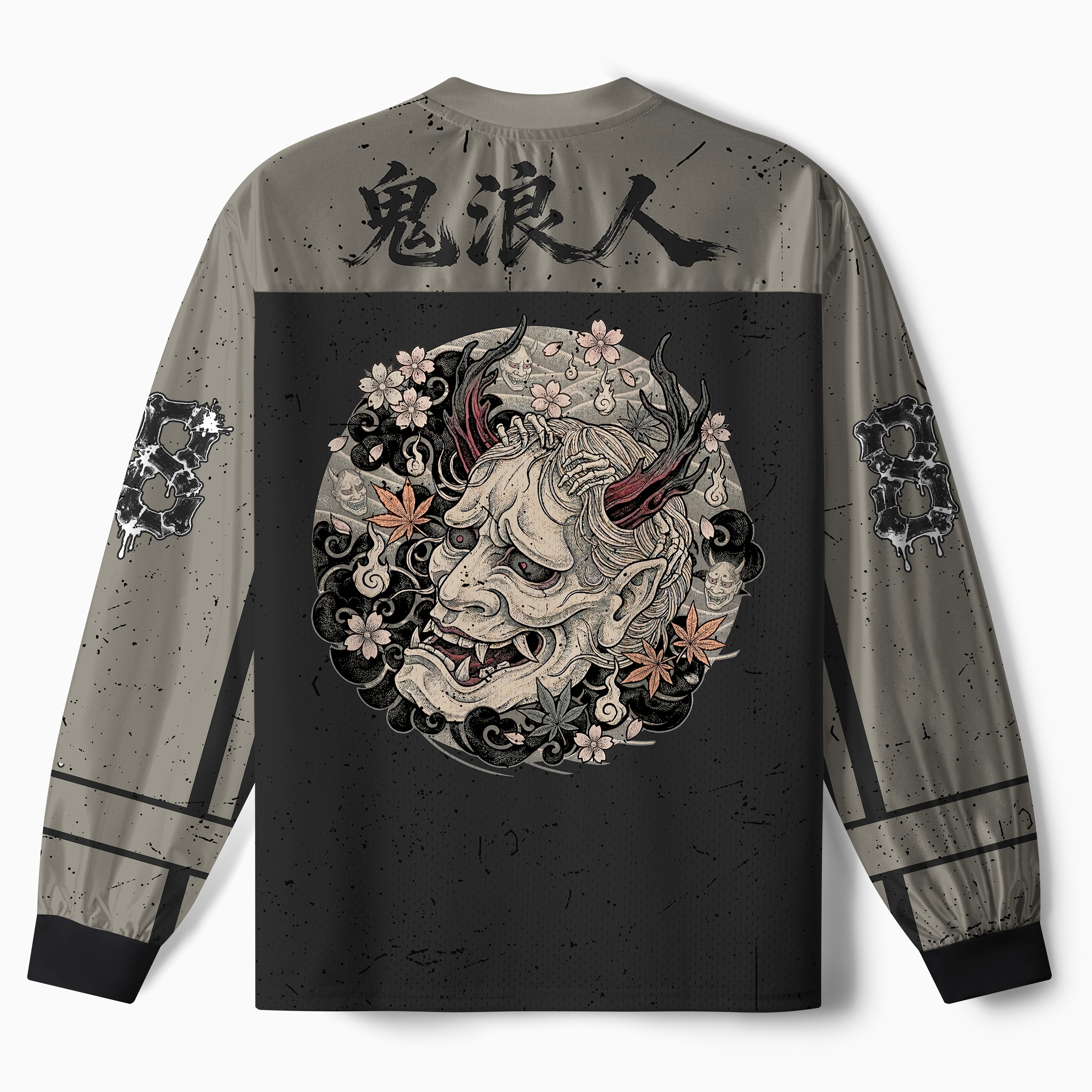 Tokyo-Tiger Oni Cherry Blossom Skull Paneled Long Sleeve Jersey