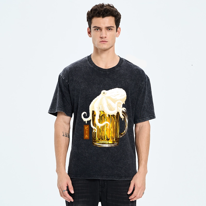 Tokyo-Tiger Octopus Foam On Cold Beer Mug Washed T-Shirt
