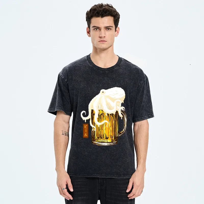 Tokyo-Tiger Octopus Foam On Cold Beer Mug Washed T-Shirt