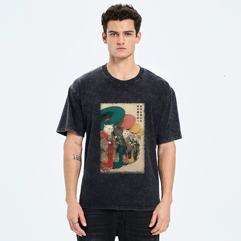 Tokyo-Tiger Kimono Cats Walk With Colorful Umbrellas Washed T-Shirt