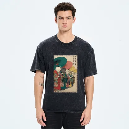Tokyo-Tiger Kimono Cats Walk With Colorful Umbrellas Washed T-Shirt