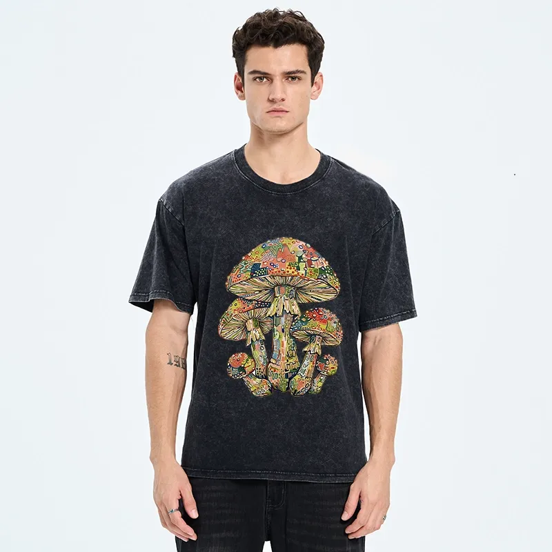 Tokyo-Tiger Tiny Black Cat Under Wild Rainbow Mushrooms Washed T-Shirt