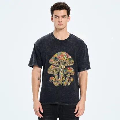 Tokyo-Tiger Tiny Black Cat Under Wild Rainbow Mushrooms Washed T-Shirt