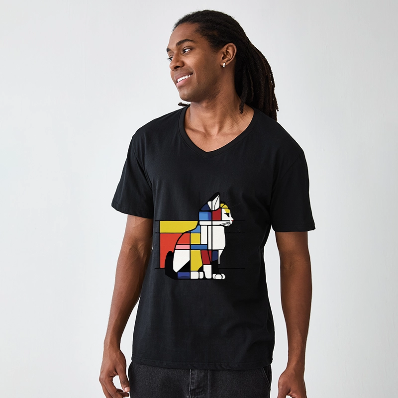 Tokyo-Tiger Geometric Cat Art In Primary Colors V-Neck Classic T-Shirt