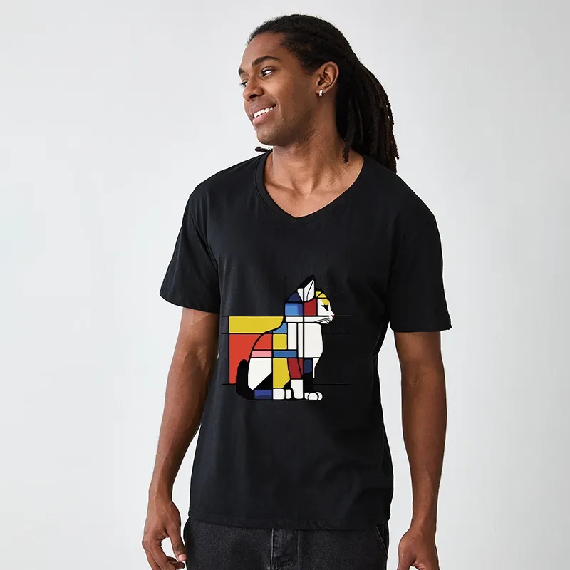 Tokyo-Tiger Geometric Cat Art In Primary Colors V-Neck Classic T-Shirt