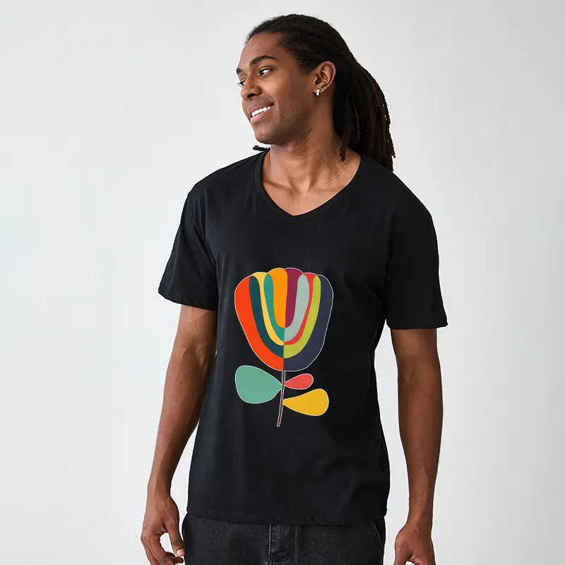 Tokyo-Tiger Colorful Flower Minimalist Print V-Neck Classic T-Shirt