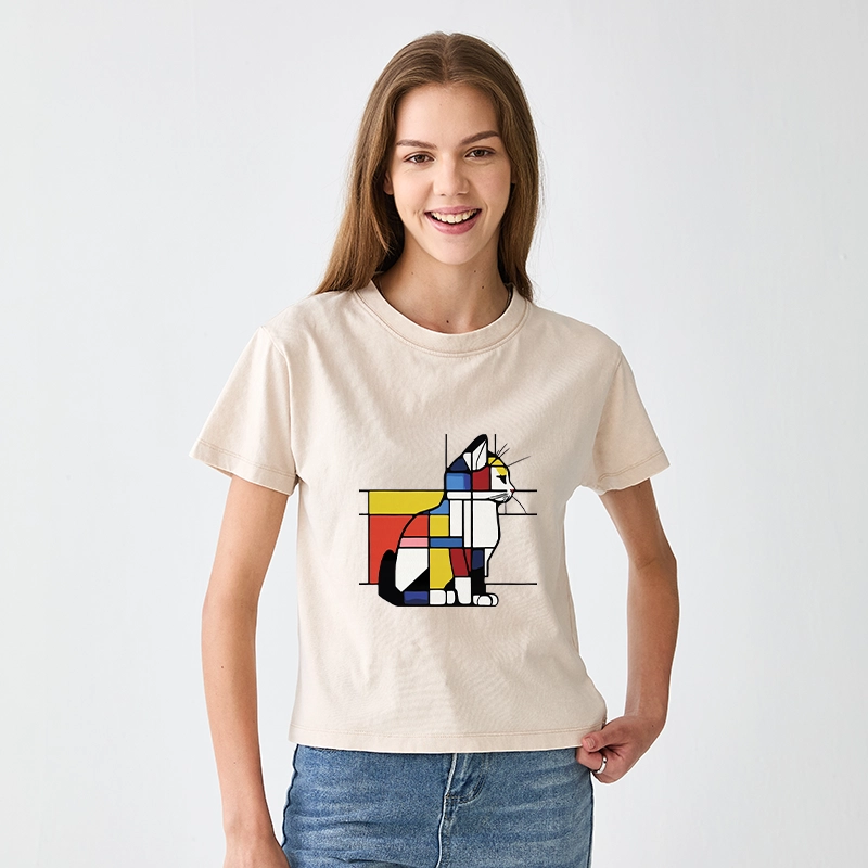 Tokyo-Tiger Geometric Cat Art In Primary Colors Women's Washed T-shirt
