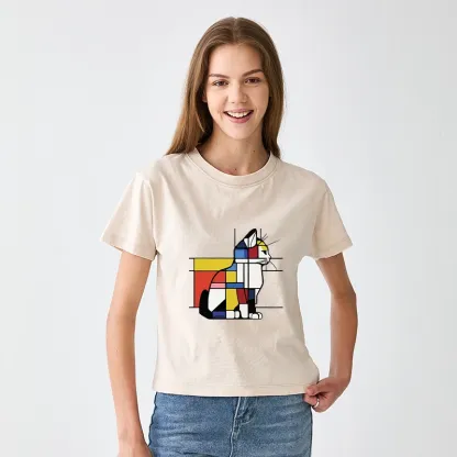 Tokyo-Tiger Geometric Cat Art In Primary Colors Women's Washed T-shirt