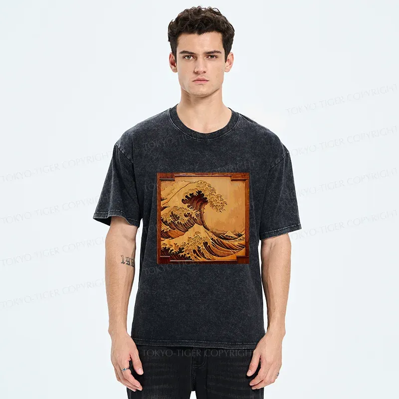 Tokyo-Tiger Panel Painting Ukiyoe Wave Washed T-Shirt
