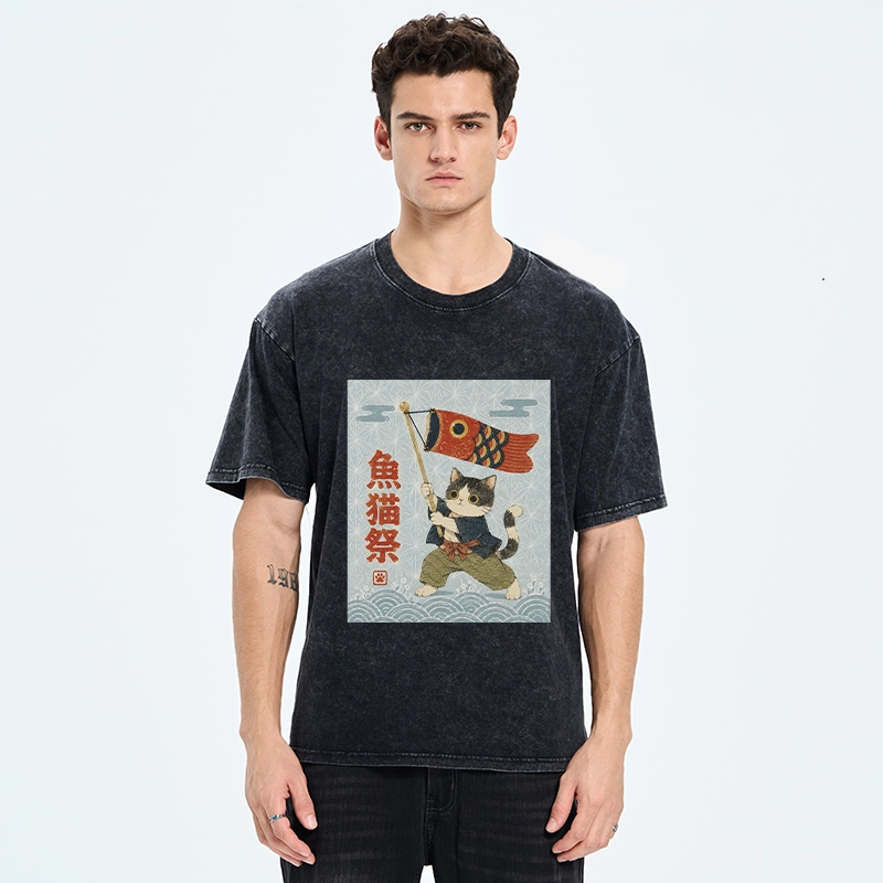 Tokyo-Tiger Koinobori Festival Cat Japanese Print Washed T-Shirt