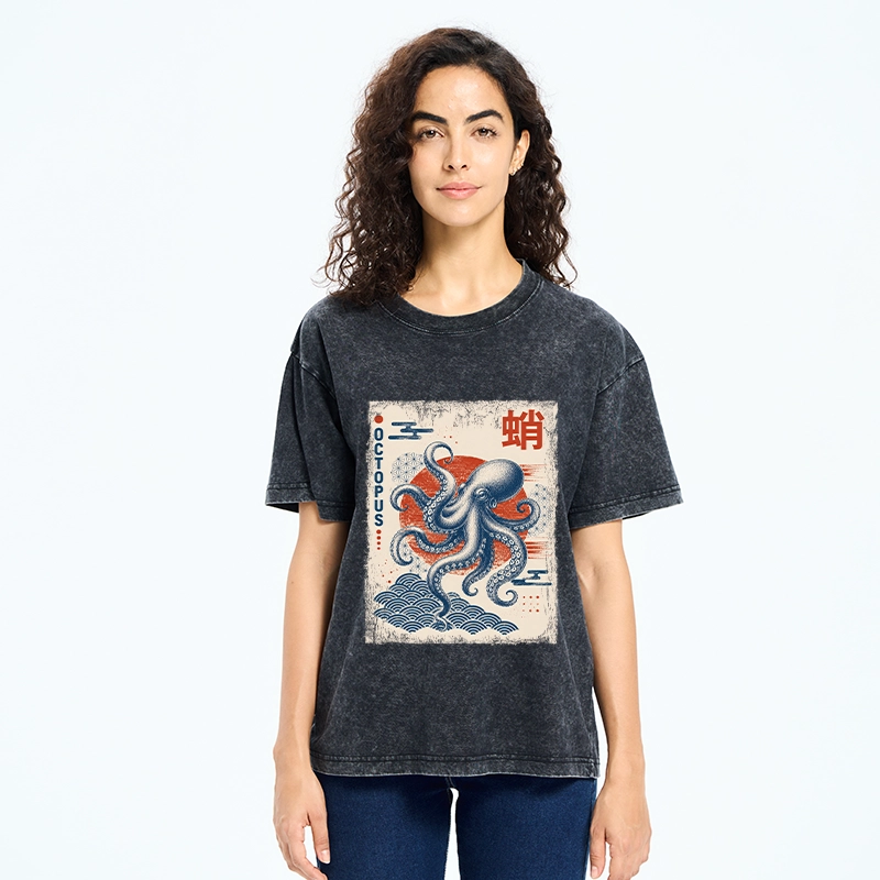 Tokyo-Tiger Vintage Japanese Octopus Wave Art Washed T-Shirt