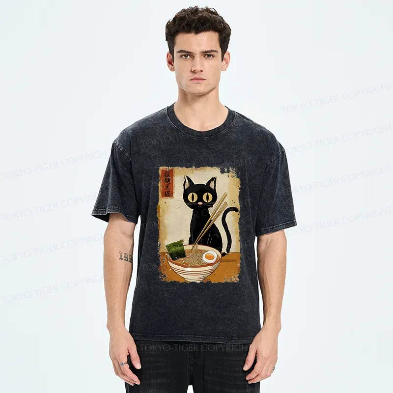 Tokyo-Tiger Cat Eating Ramen Retro Washed T-Shirt