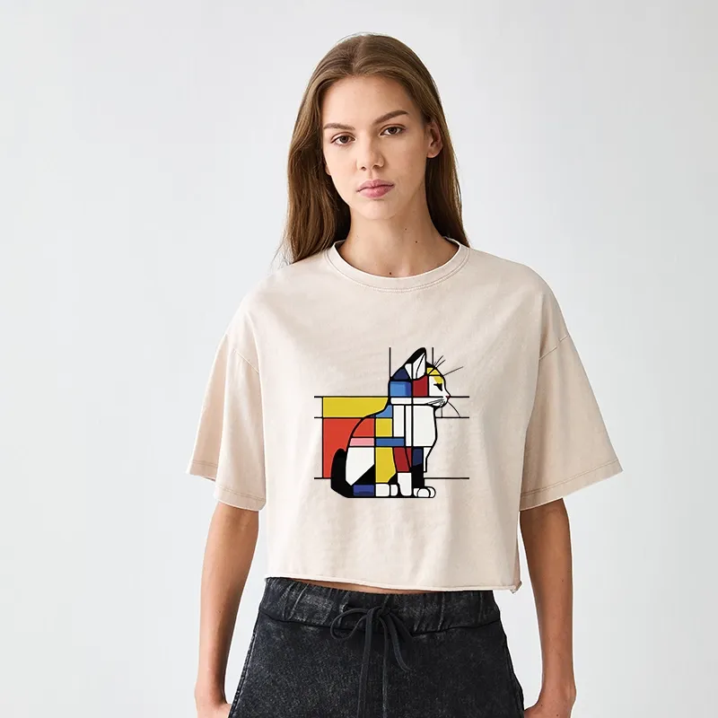 Tokyo-Tiger Geometric Cat Art In Primary Colors Women's Washed Crop T-Shirt