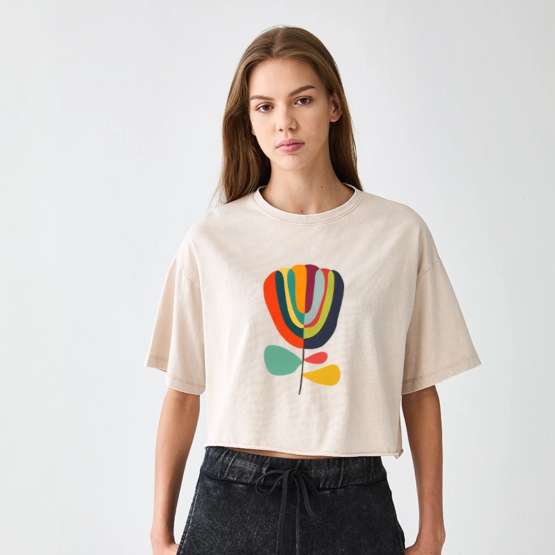 Tokyo-Tiger Colorful Flower Minimalist Print Women's Washed Crop T-Shirt