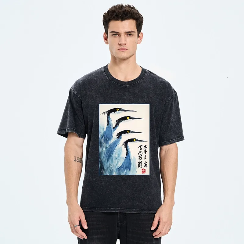 Tokyo-Tiger Brush Strokes Draw Graceful Water Birds Washed T-Shirt