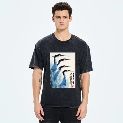 Tokyo-Tiger Brush Strokes Draw Graceful Water Birds Washed T-Shirt