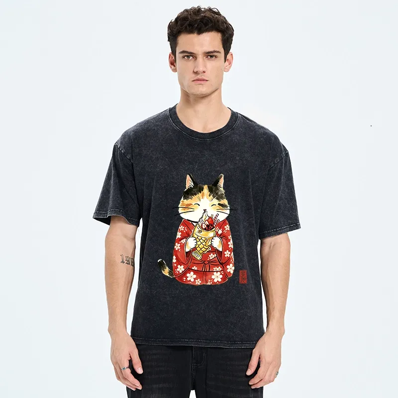 Tokyo-Tiger Enjoying Japanese Taiyaki Washed T-Shirt