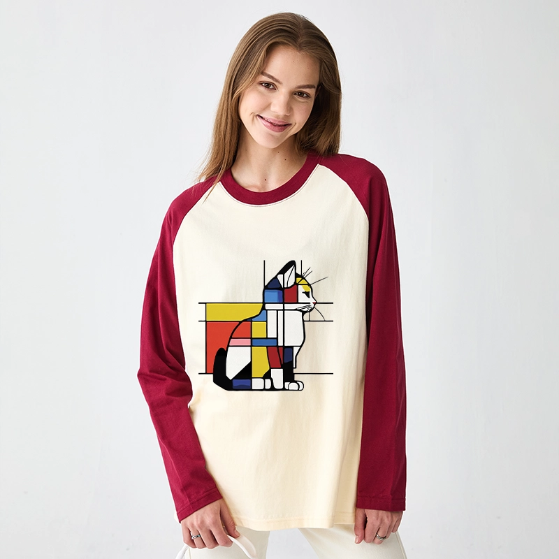Tokyo-Tiger Geometric Cat Art In Primary Colors Raglan Long Sleeve T-shirt