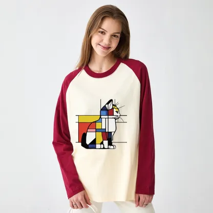Tokyo-Tiger Geometric Cat Art In Primary Colors Raglan Long Sleeve T-shirt