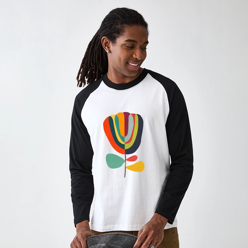 Tokyo-Tiger Colorful Flower Minimalist Print Raglan Long Sleeve T-shirt