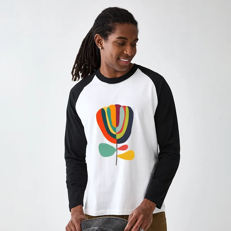 Tokyo-Tiger Colorful Flower Minimalist Print Raglan Long Sleeve T-shirt