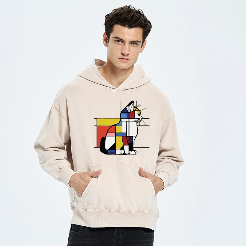 Tokyo-Tiger Geometric Cat Art In Primary Colors Washed Hoodie