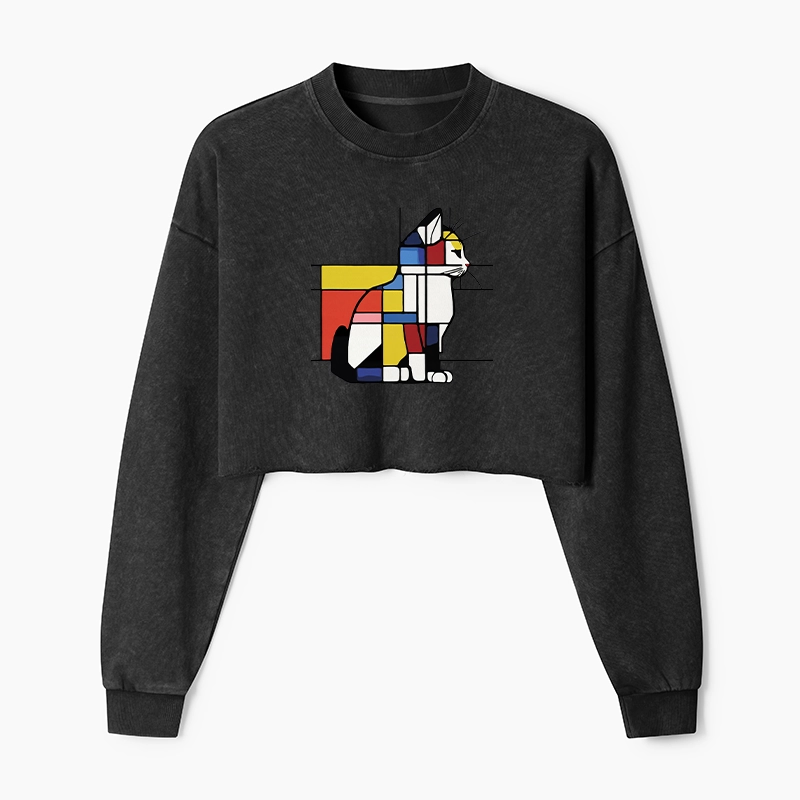 Tokyo-Tiger Geometric Cat Art In Primary Colors Washed Crop Sweatshirt