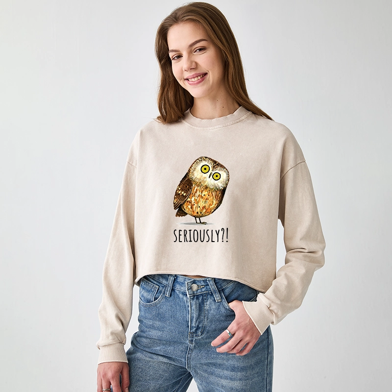 Tokyo-Tiger Seriously Confused Owl Meme Art Washed Crop Sweatshirt