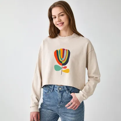 Tokyo-Tiger Colorful Flower Minimalist Print Washed Crop Sweatshirt