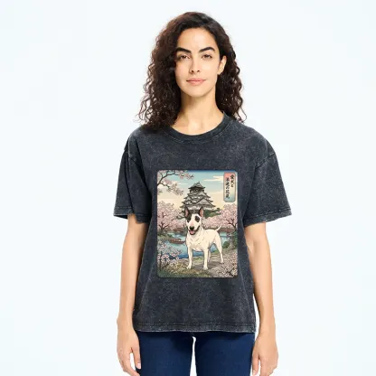 Tokyo-Tiger Ukiyo-e Bull Terrier Cherry Blossom Art Washed T-Shirt