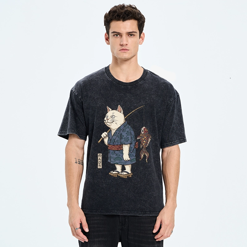 Tokyo-Tiger Kimono Cat Fishing Koi Fish Art Washed T-Shirt