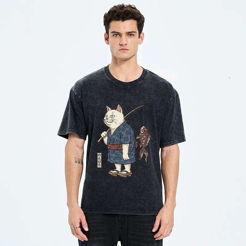 Tokyo-Tiger Kimono Cat Fishing Koi Fish Art Washed T-Shirt