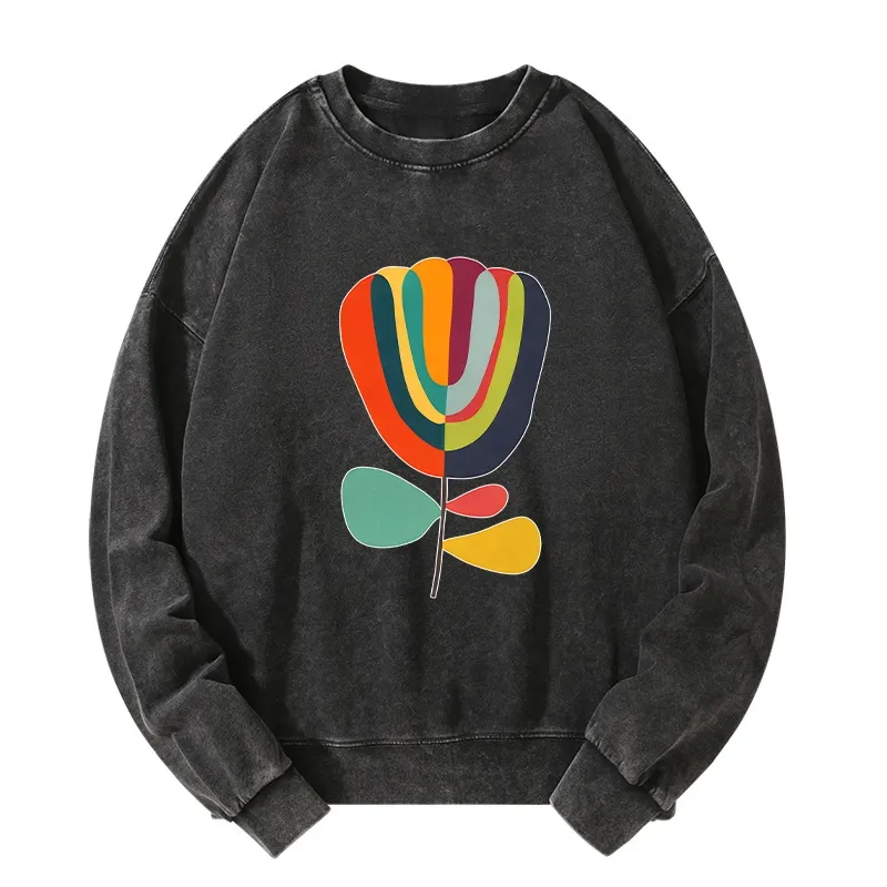 Tokyo-Tiger Colorful Flower Minimalist Print Washed Sweatshirt