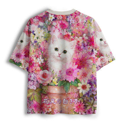 Tokyo-Tiger White Cat And Blooms Mesh Jersey