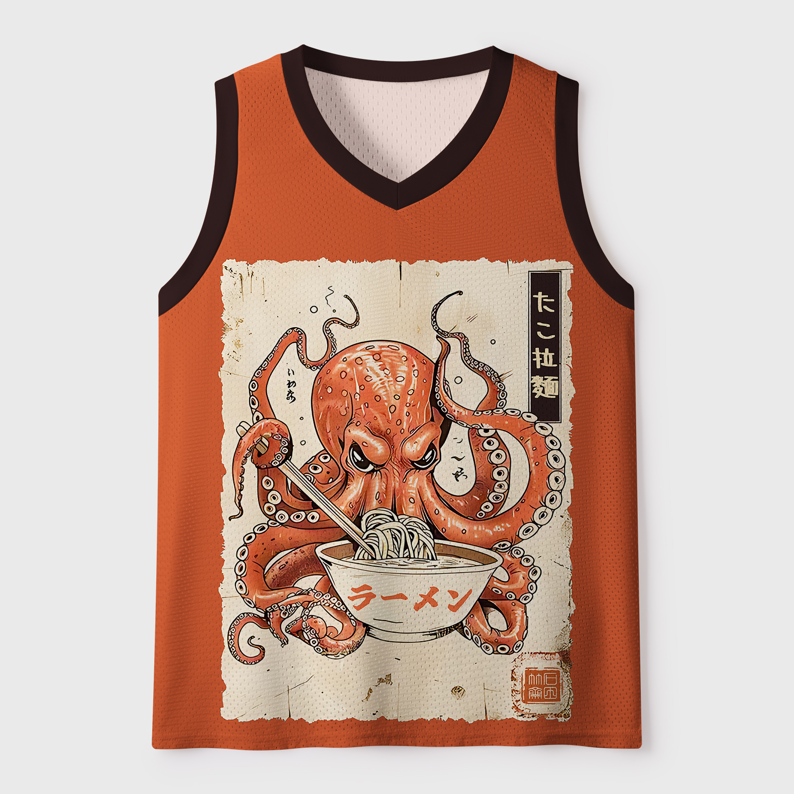 Tokyo-Tiger Retro Octopus Eating Ramen Mesh Tank Top