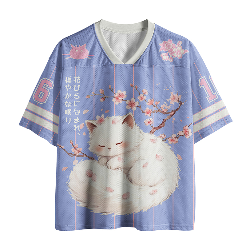 Tokyo-Tiger Sleepy White Cat Beneath Sakura Mesh Jersey