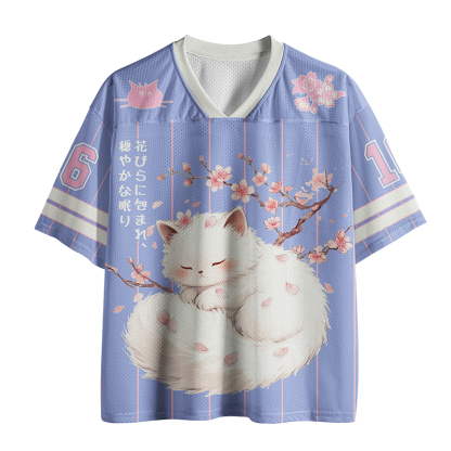 Tokyo-Tiger Sleepy White Cat Beneath Sakura Mesh Jersey