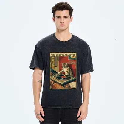 Tokyo-Tiger Retro DJ Cat Vinyl Record Art Washed T-Shirt