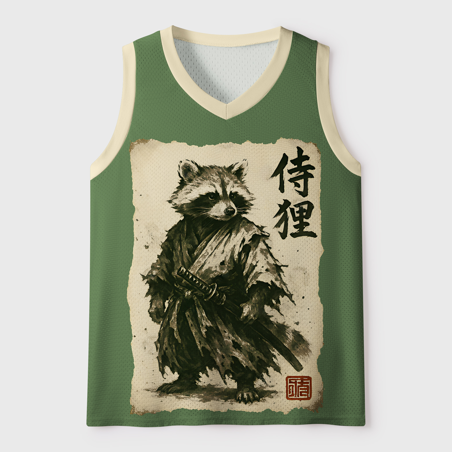 Tokyo-Tiger Funny Retro Raccoon Samurai Mesh Tank Top