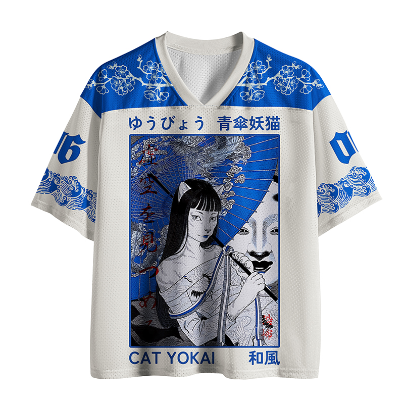 Tokyo-Tiger Yokai Cat Beneath Blue Umbrella Mesh Jersey