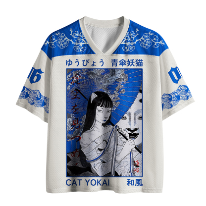 Tokyo-Tiger Yokai Cat Beneath Blue Umbrella Mesh Jersey
