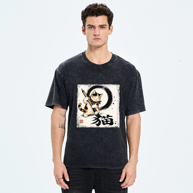 Tokyo-Tiger Calico Cat Writing Chinese Cat Kanji Washed T-Shirt