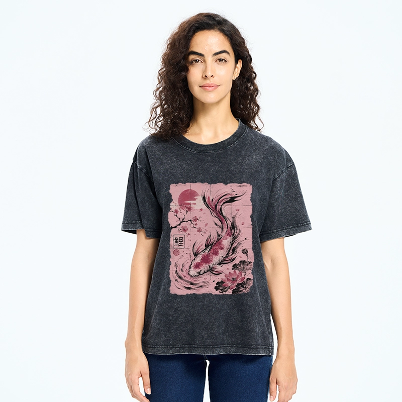 Tokyo-Tiger Sakura Lotus Koi Old Scroll Asian Tee Washed T-Shirt
