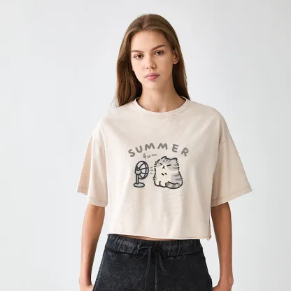 Tokyo-Tiger Summer Cat Chills With A Fan Women's Washed Crop T-Shirt