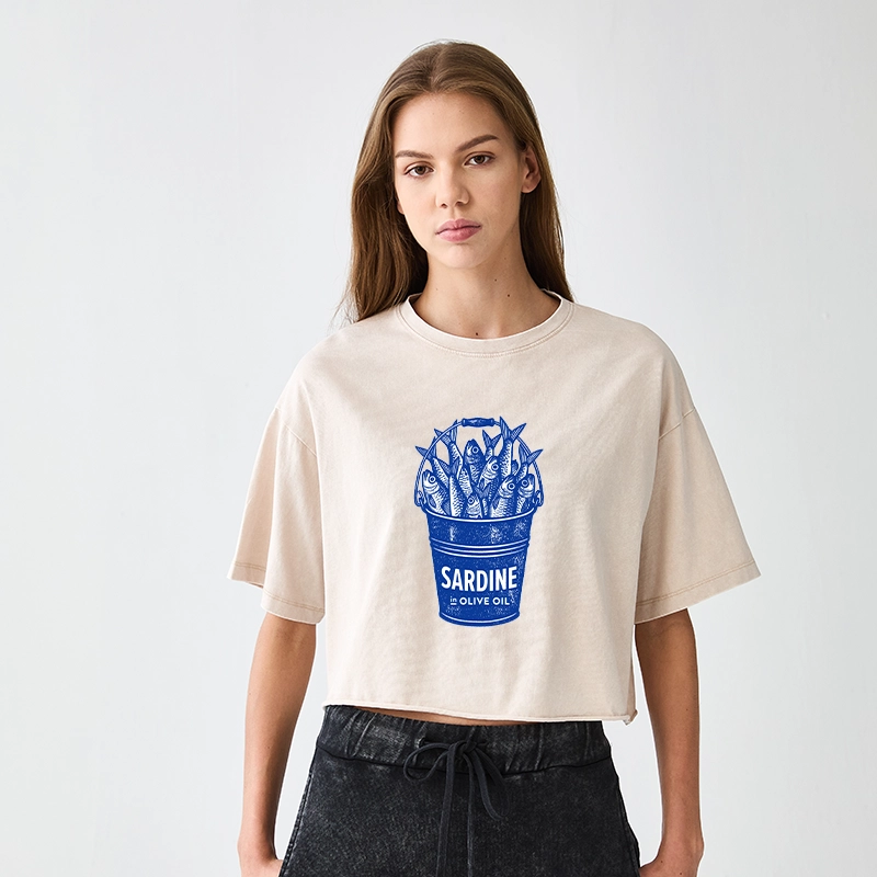 Tokyo-Tiger Vintage Bucket Full Of Fresh Sardines Women's Washed Crop T-Shirt